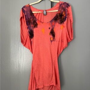 Free People Vibrant Coral and Purple Short Sleeve Top